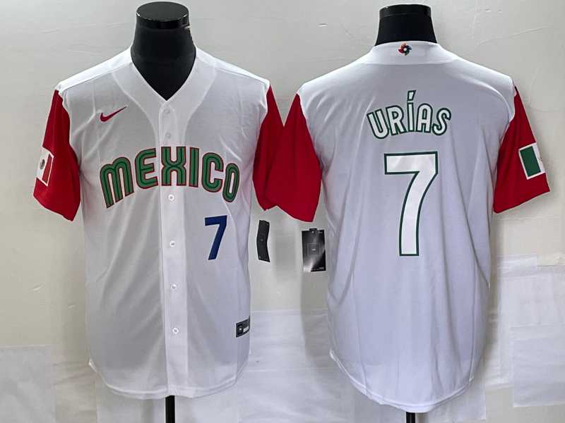 Mens Mexico Baseball #7 Julio Urias Number 2023 White Red World Classic Stitched Jersey33